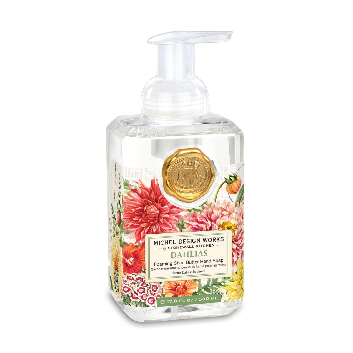 Michel Design Works Foaming Hand Soap 17.8Oz, Dahlias Scent And Design, Shea Butter And Aloe Vera Blend, Beautiful Square Contai