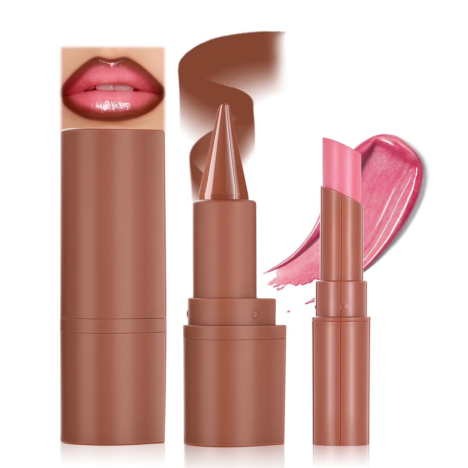 2PCS Lip Liner and Lipstick Lip Combo Set, Brown Plumping Lip Contour Liner Pencil and Pink Lipstick Combo, Solid Lip Gloss Long