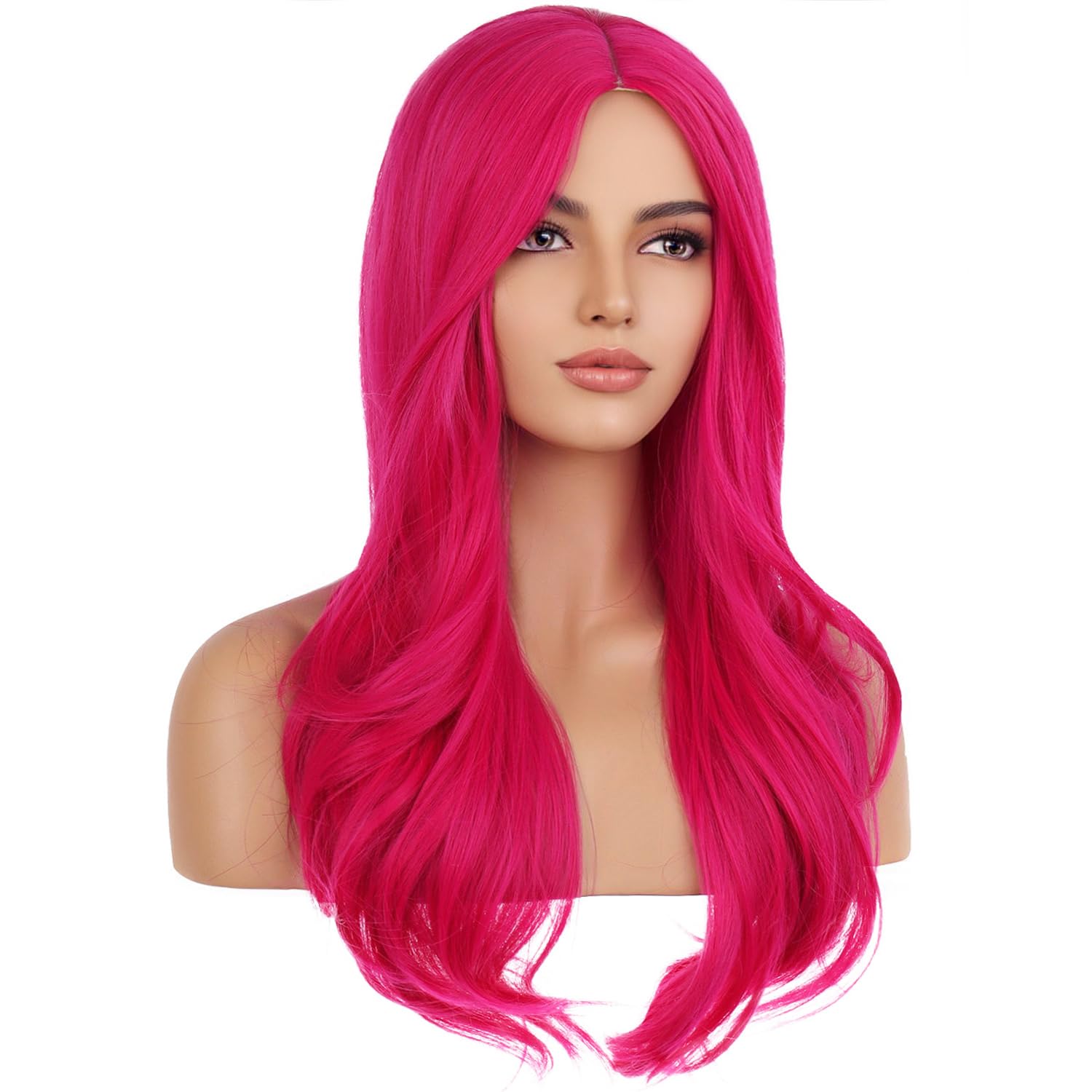 Pattnium 27 Inches Pink Wig Long Wavy Wig Hot Pink Wig For Women Girls Milddle Part Curly Long Wig Neon Pink Wig Magenta Wig Hea