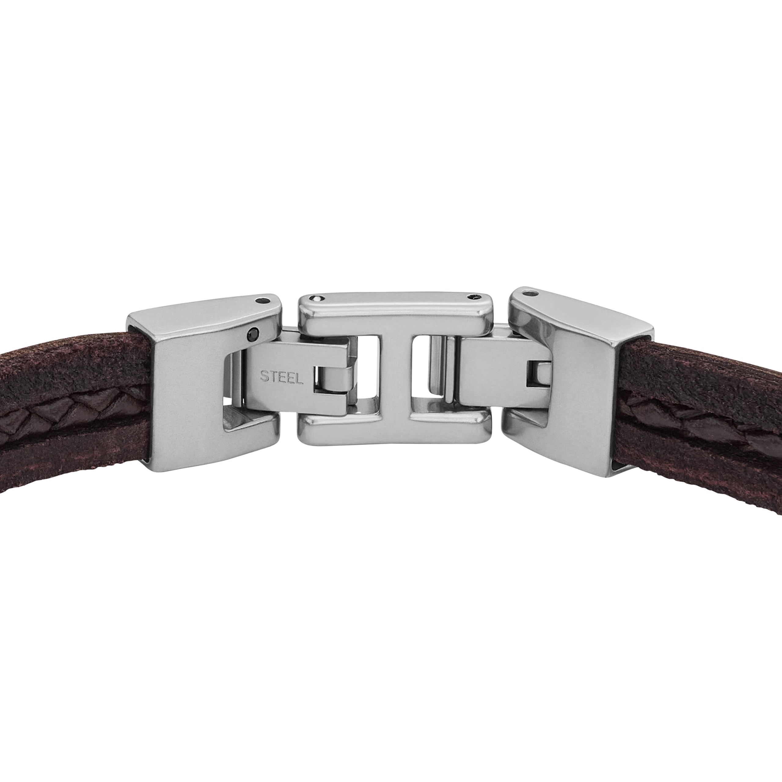 Fossil Men's Leather Essentials Strap Bracelet, Brown Braid/Silver, One Size, Model JF04133040
