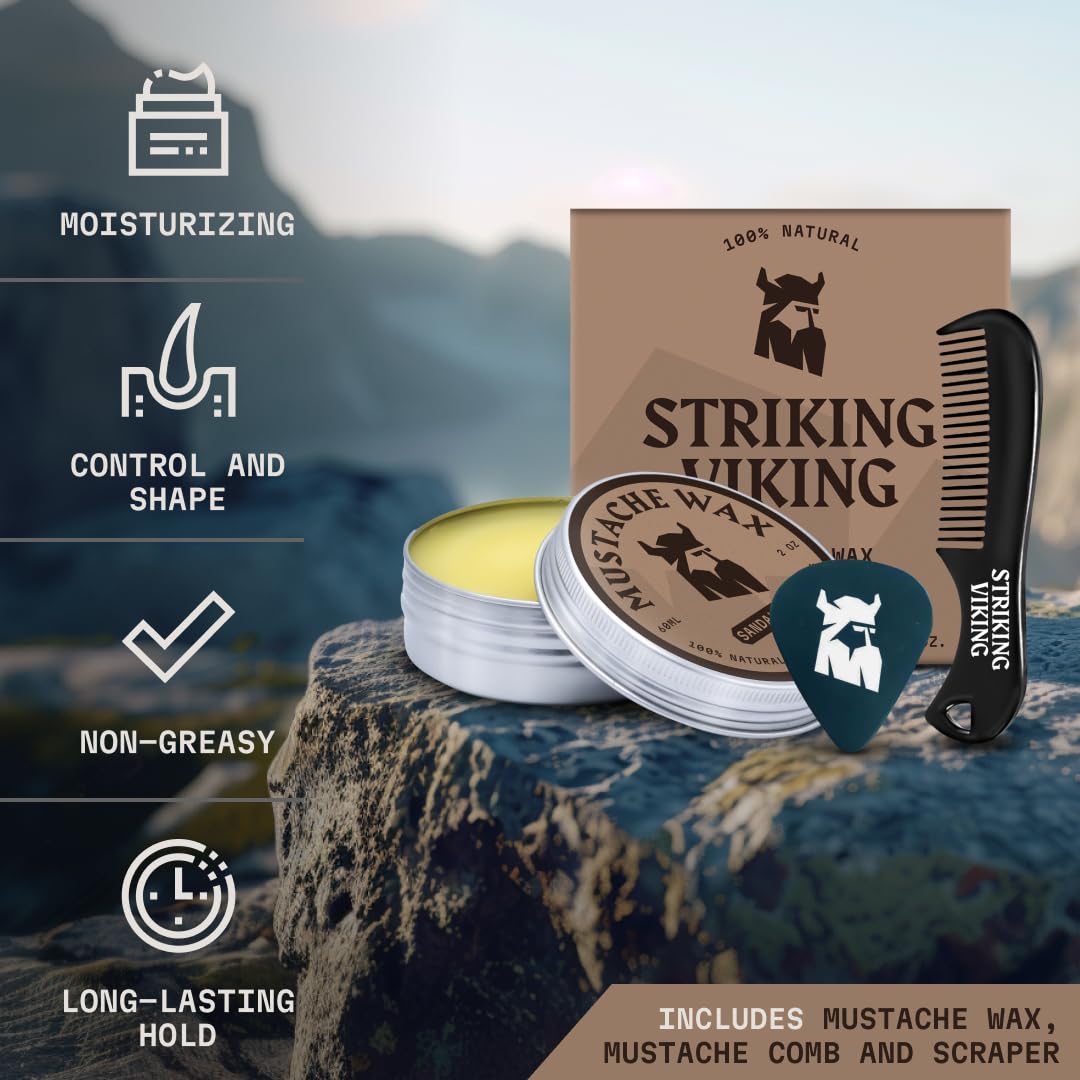 Striking Viking Mustache Wax & Comb Kit - Beard & Moustache Wax For Men With Strong Hold Natural Beeswax - Helps Tame Style & Gr