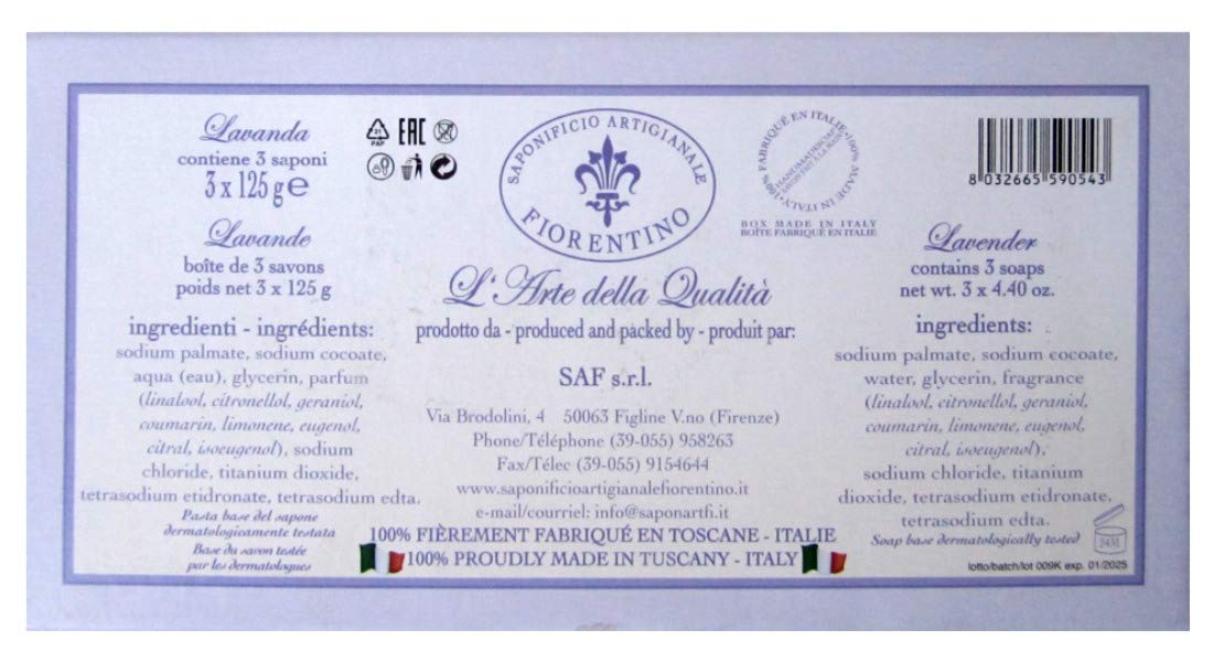 Saponificio Artigianale Fiorentino Soap Lavanda (Lavender) Bath Soap, 3 X 4.40 Oz