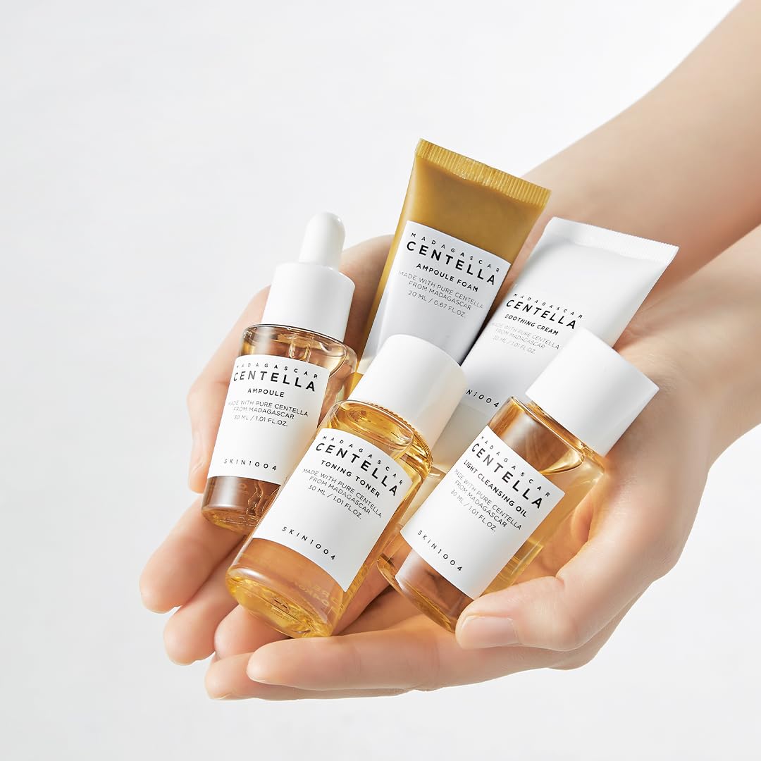 Skin1004 Madagascar Centella Travel Kit, Toner, Ampoule, Soothing Cream, Cleansing Oil, Ampoule Foam, Basic Skincare Box, Compac