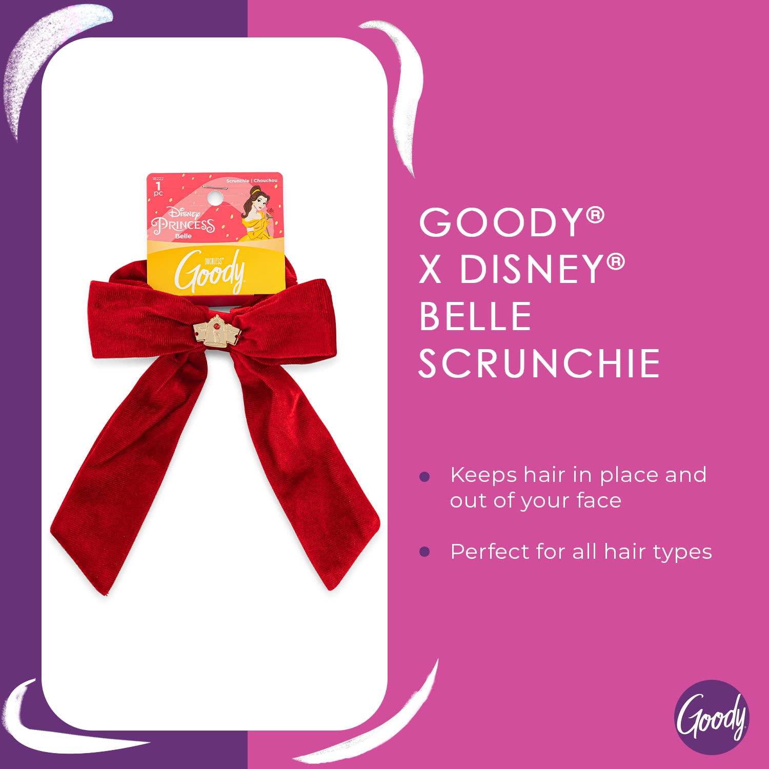 GOODY Ouchless XL Scrunchie Bow - Disney Princess, Belle - Hair Accessories for Men, Women, Boys & Girls - Style With Ease & Kee