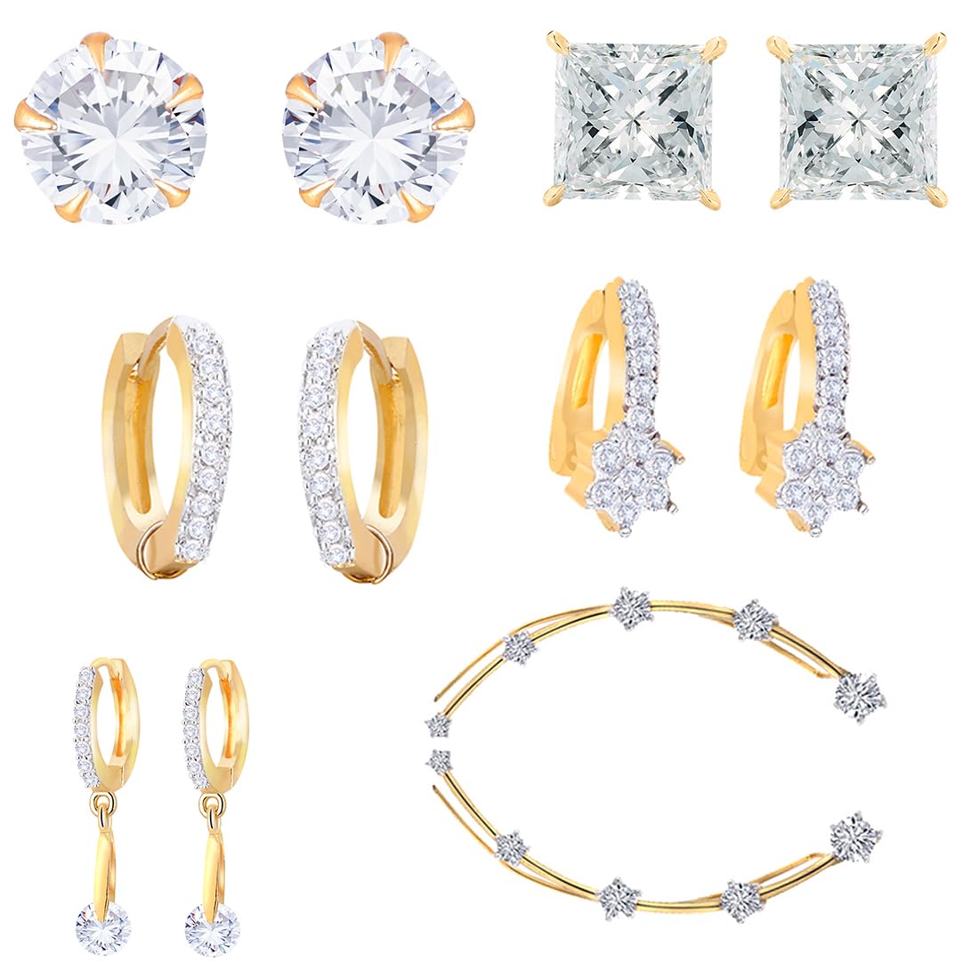 Zeneme Earring Gold Plated American Diamond Earrings Combo Of 8 Pairs Jewellery For Women & Girls (Design_02)