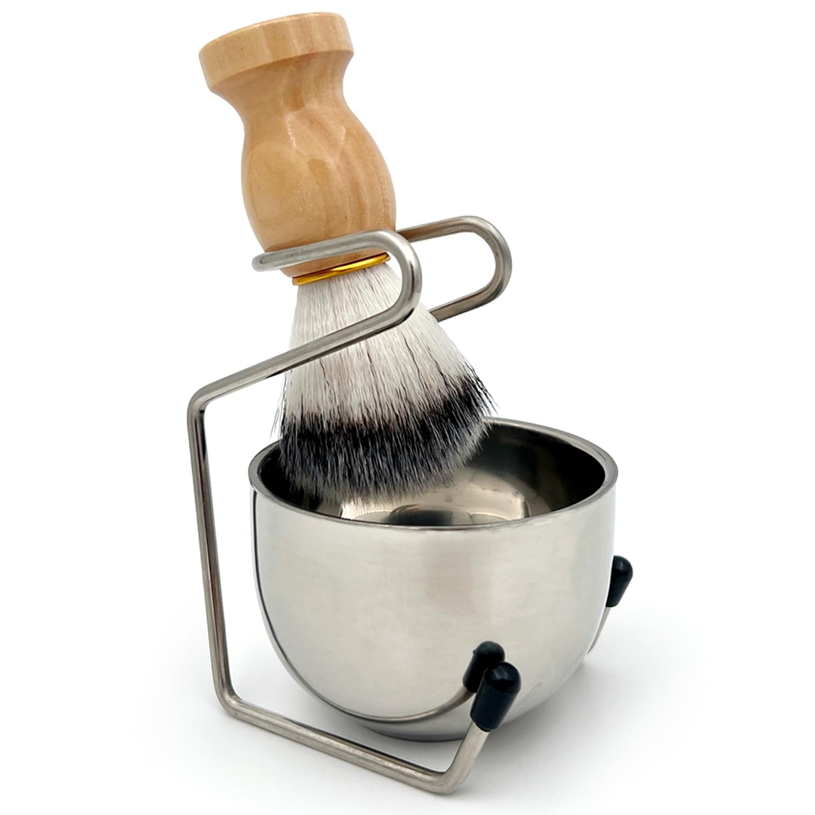 Mens Wet Shave Set with Wooden Shaving Brush, Stainless Steel Bowl & SpaceSaving Stand