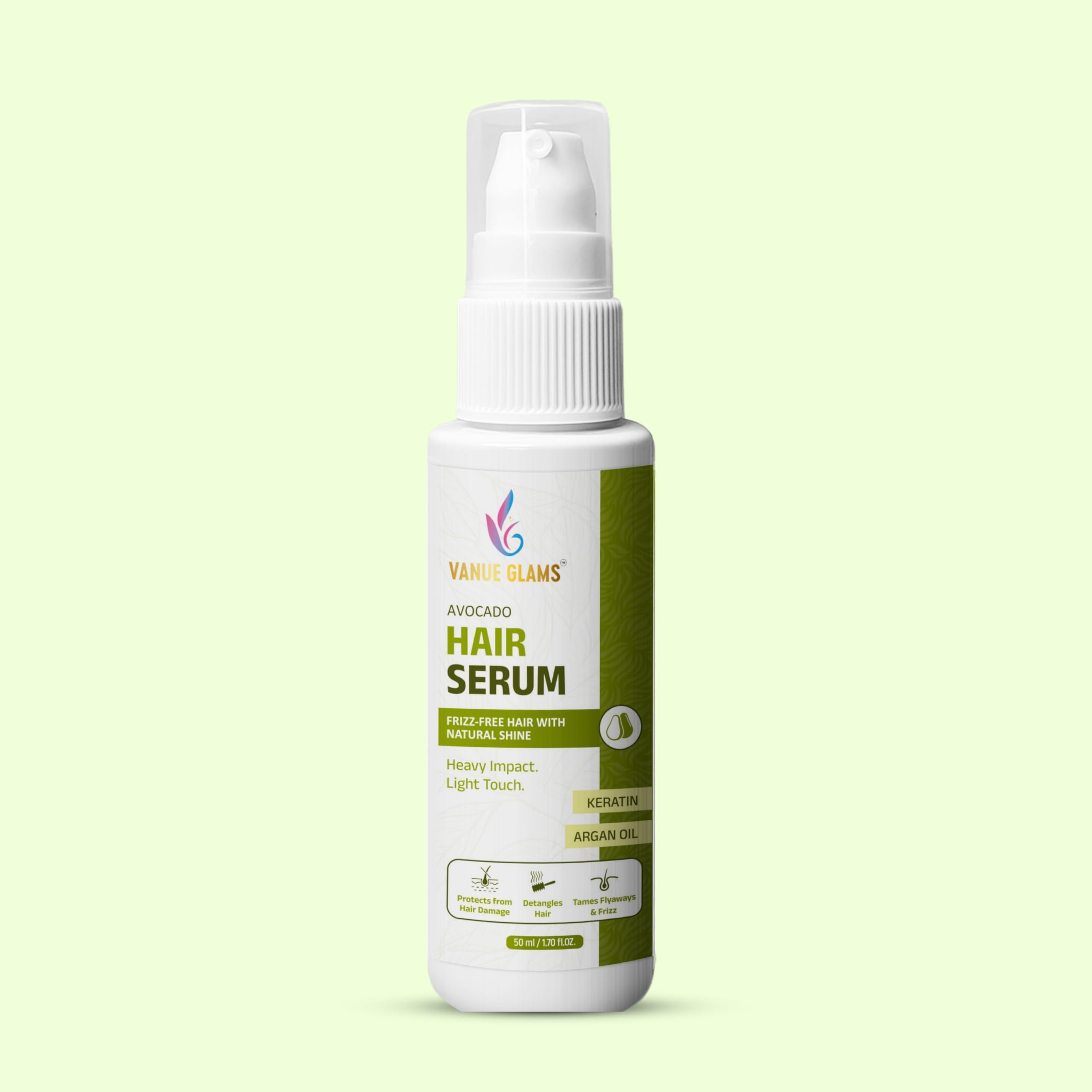 Vanue Glams Avocado Hair Serum,Frizz Free Hair With Natural Shine,Infused With Keratin & Argan Oil - 50Ml