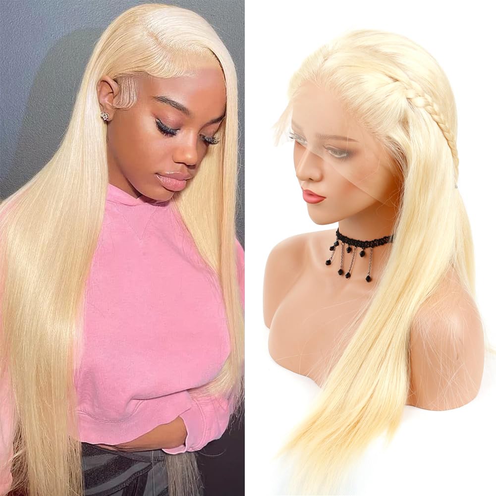 34 Inch 613 13x6 Lace Front Wig Human Hair 200 Density Blonde Wig Pre Plucked Bleached Knots with Baby Hair Straight 613 Lace Fr