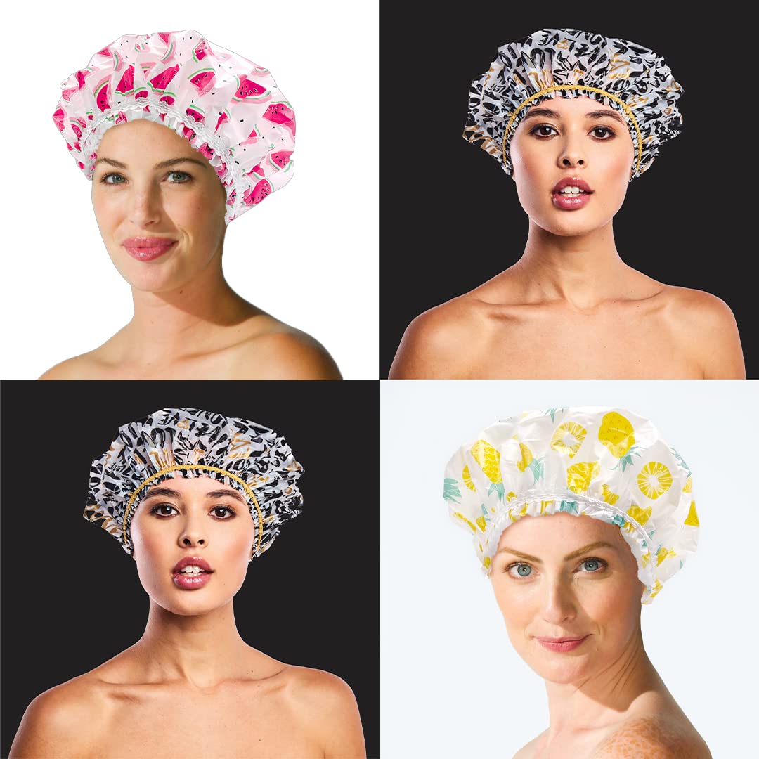 Betty Dain Reusable Vinyl Shower Cap & Bath Cap (4 Pack), Frosted Peva Elastic Stretch Hem. Waterproof Stretchy Hair Cap For All