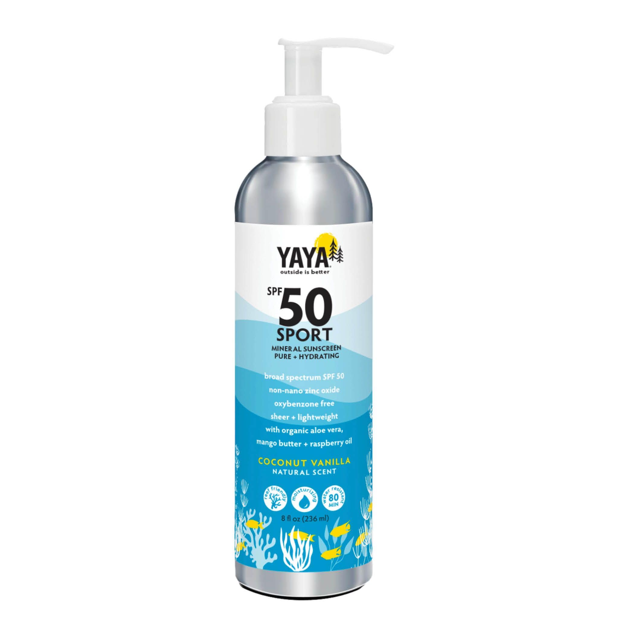 YAYA ORGANICS Sport Mineral Sunscreen Lotion, SPF 50, ReefFriendly, NonNano Zinc Oxide, WaterResistant, Pure + Hydrating, 8 o