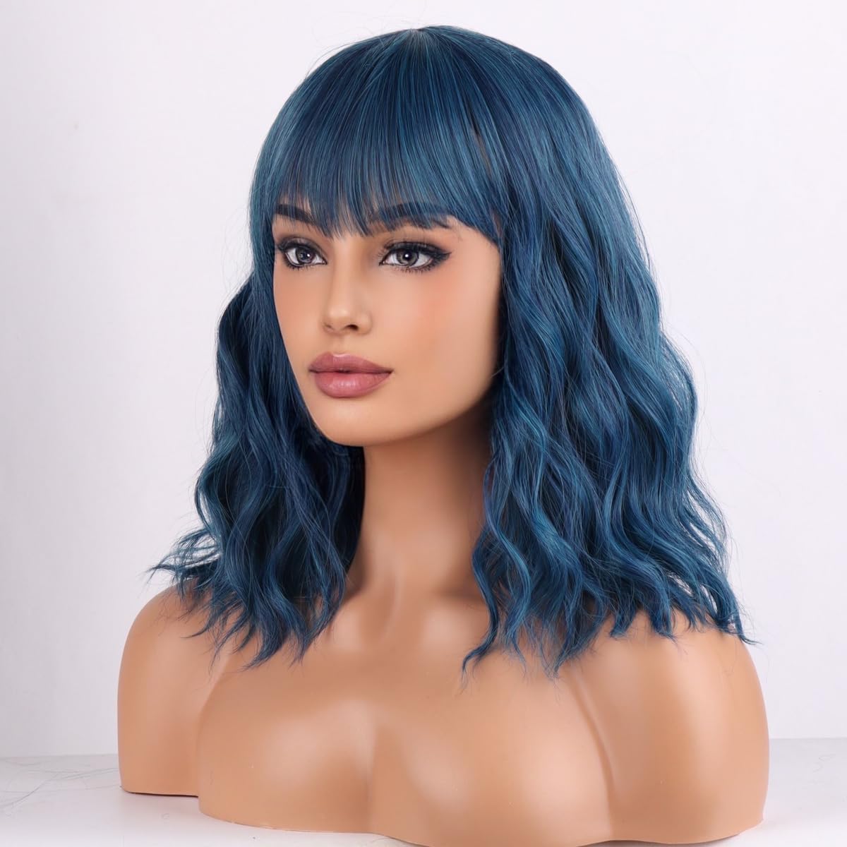 Wthcos Mixed Blue Wig Short Bob Wig Short Curly Wavy Wig With Bangs For Women Blue Wig Heat Resistant Synthetic Hair Wigs For Da