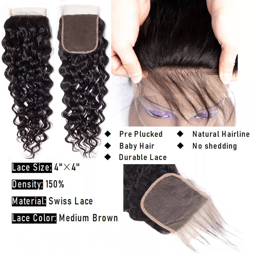 Water Wave Bundles With Closure Brazilian Virgin Human Hair(26 28 30+22,Free Part) Bundles With 4X4 Lace Closure 100% Unprocesse