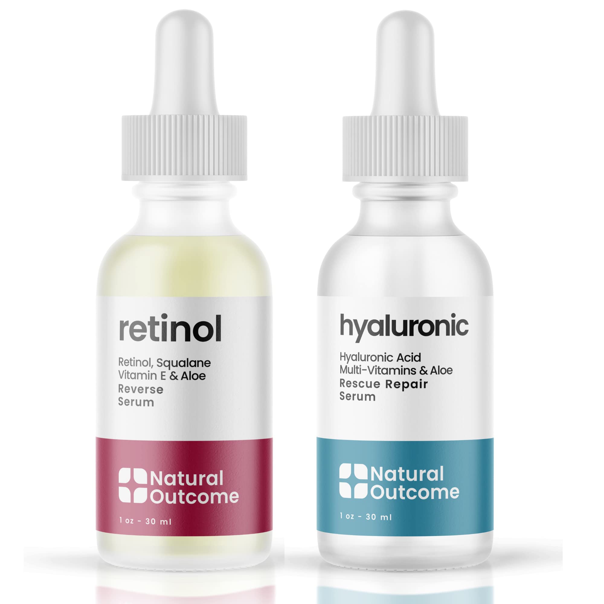 Natural Outcome Hydrating Hyaluronic Acid Serum and Retinol Facial Serum - Night and Day Anti Aging Facial Serum Set 1 oz Each, 