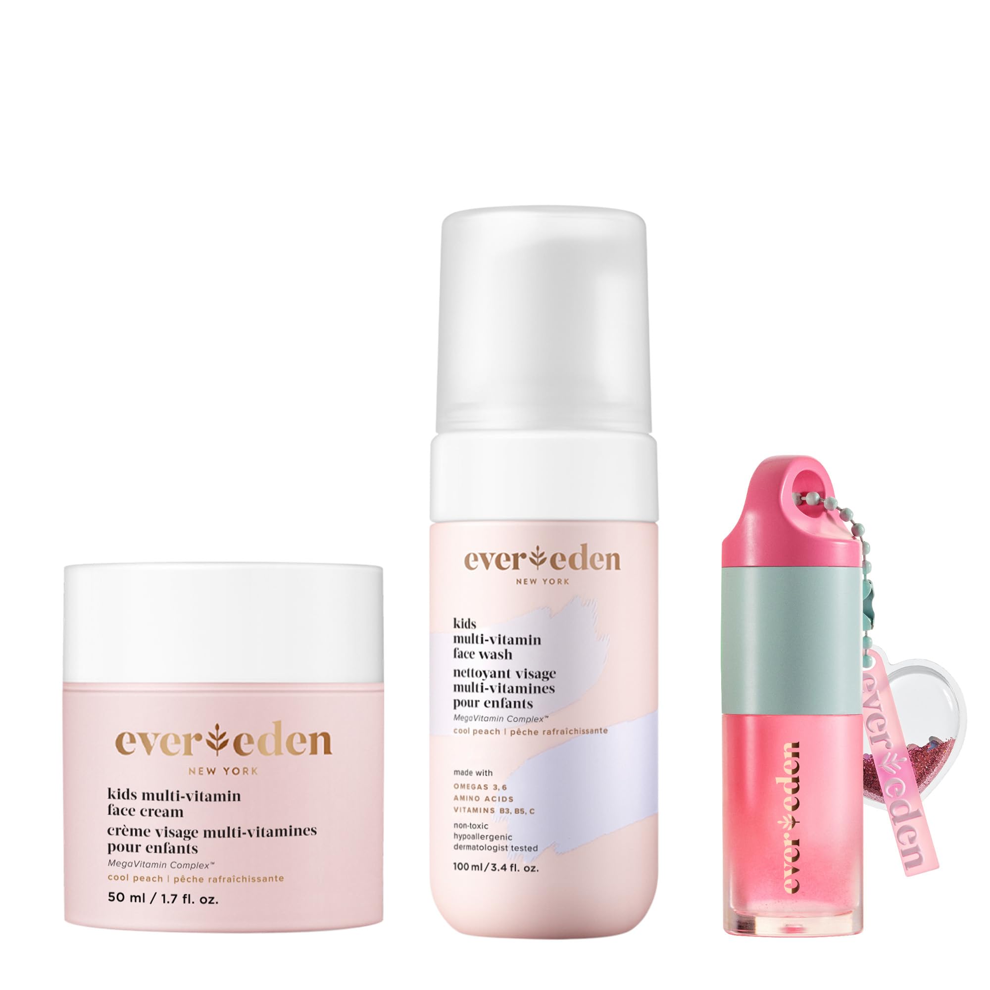Evereden Happy Kids Skin & Lips Routine - Multi-Vitamin Kids Face Wash & Kids Face Cream & Tinted Lip Oil Set - Clean & Vegan Sk