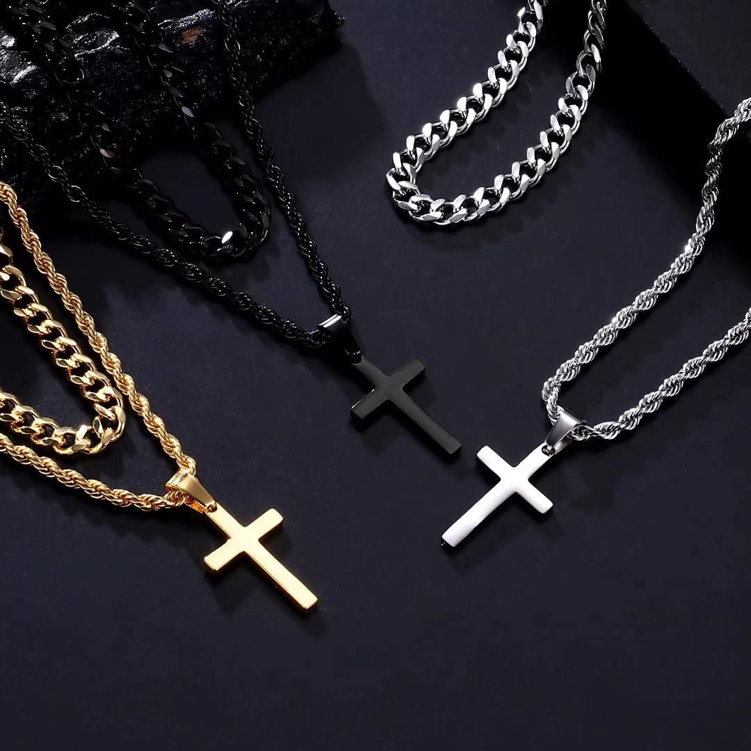 Ursteel Cross Necklace for Men - Black Cross Necklaces Chain for Men Layered Rope Chain Jewelry 22 24 Inch