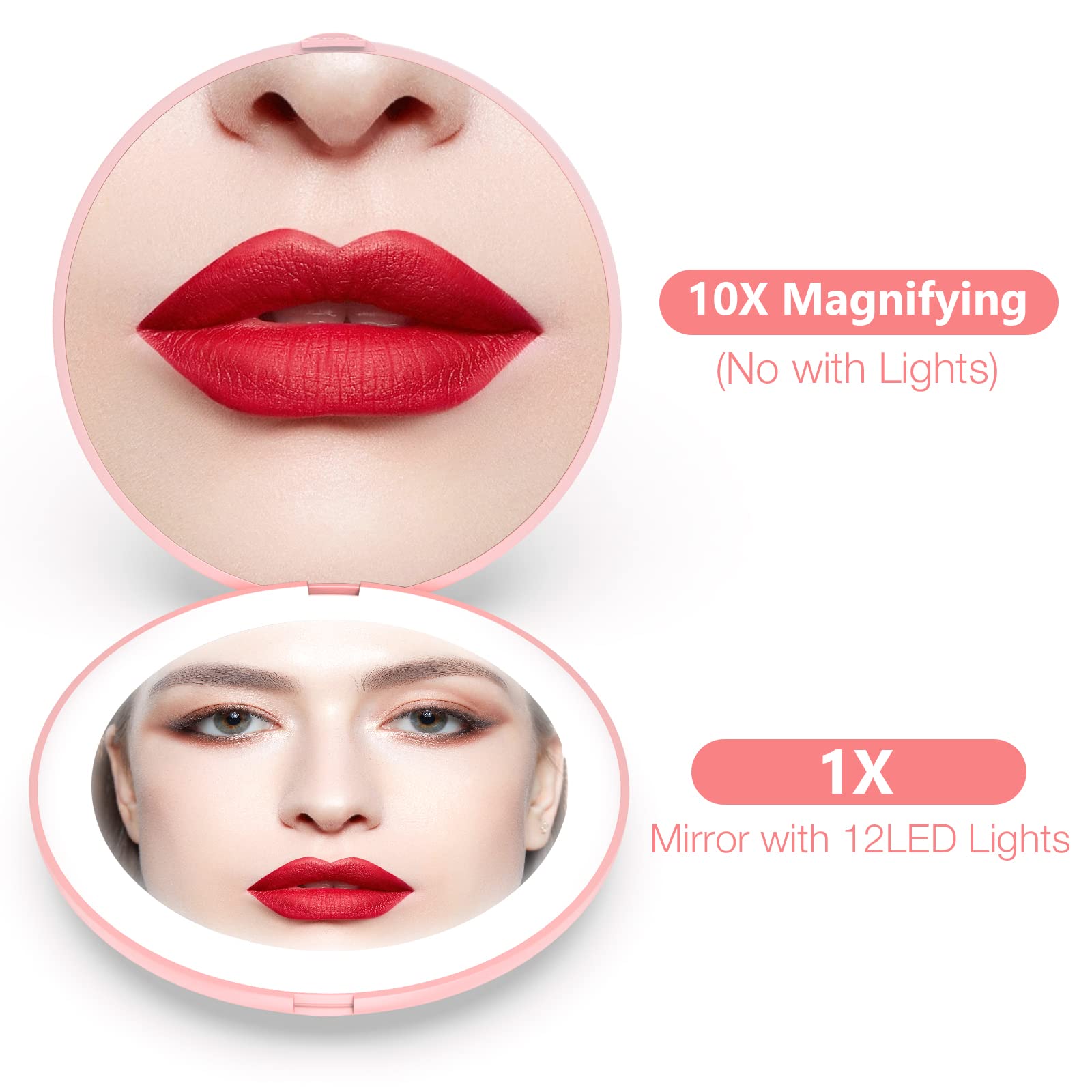 Wobsion Compact Mirror With Light, 1X/10X Magnification Travel Makeup Mirror, Handheld 2-Sided Mirror, Compact Mirror For Purses