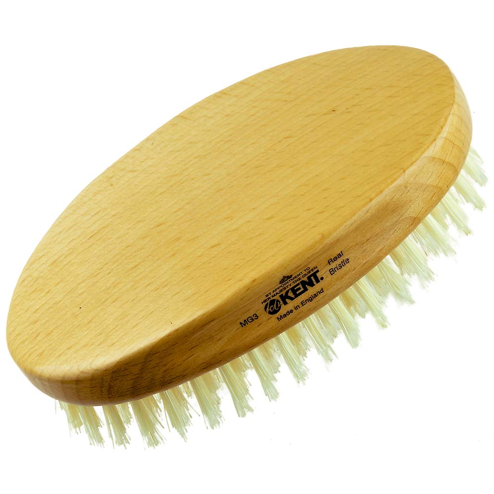Kent MG3 Finest Men's Hair Brush & Beard Brush for Skin Care, Natural White Boar Bristle Brush for Mens Grooming, Scalp Brush, 3