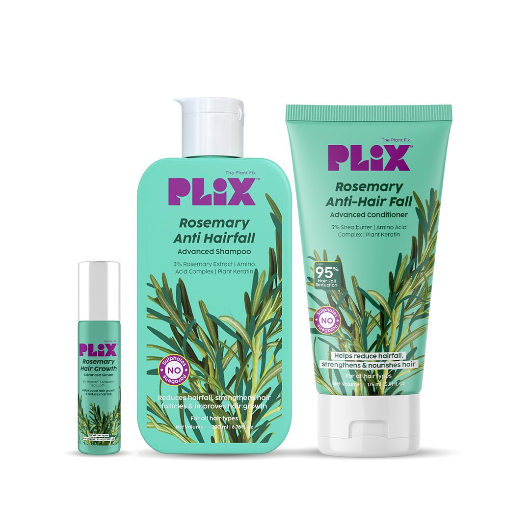 Plix  The Plant Fix Rosemary Anti Hairfall Advanced Kit | RollOn Serum (10Ml) + Shampoo (200Ml) + Conditioner (175 Ml) | Reduc