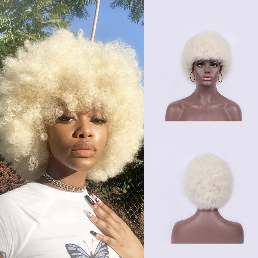 Kavsni Wig 70's Curly Wigs for Black Women Large Bouncy Fluffy and Soft Natural Looking Afro Kinky Wig 8 Inches (Platinum blonde