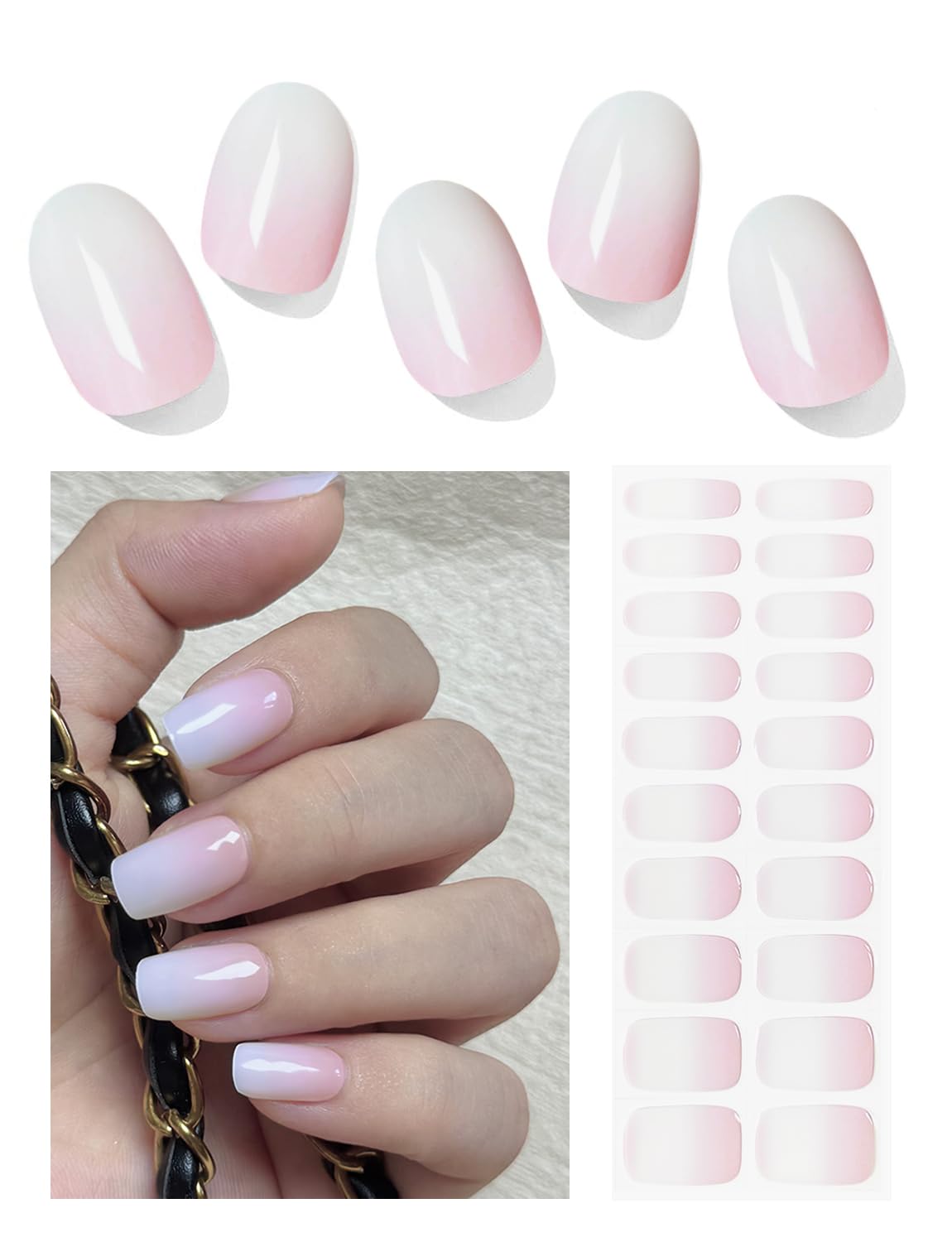 Semi Cured Gel Nail Strips, (Pale Pink Gradient) 20pcs Gel Nail Stickers Work with UV, Easy to Use and Remove
