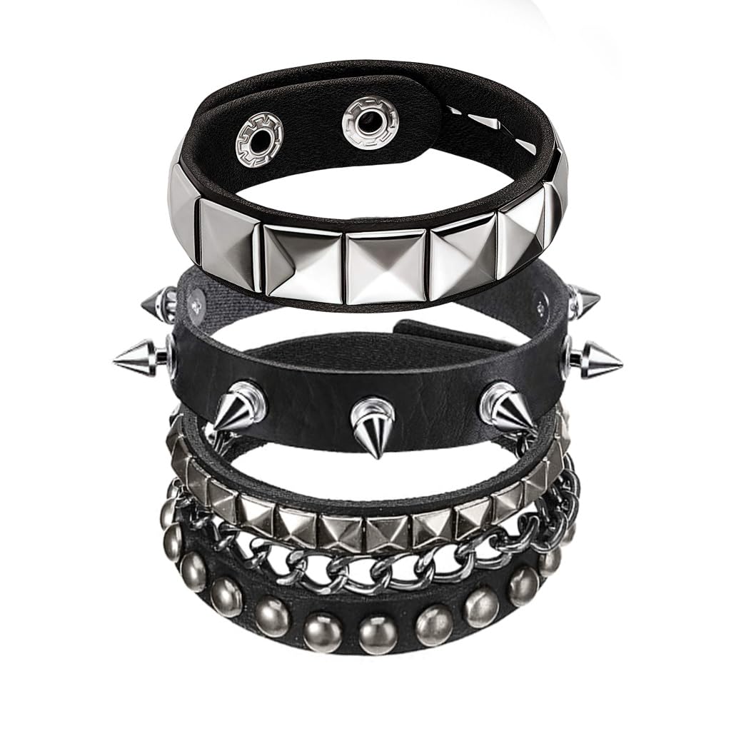 Gustave 3Pcs Bracelet For Man Punk Rock Studded Bracelets Black Spiked Leather Cuff Bracelet For Men Women Adjustable Goth Brace