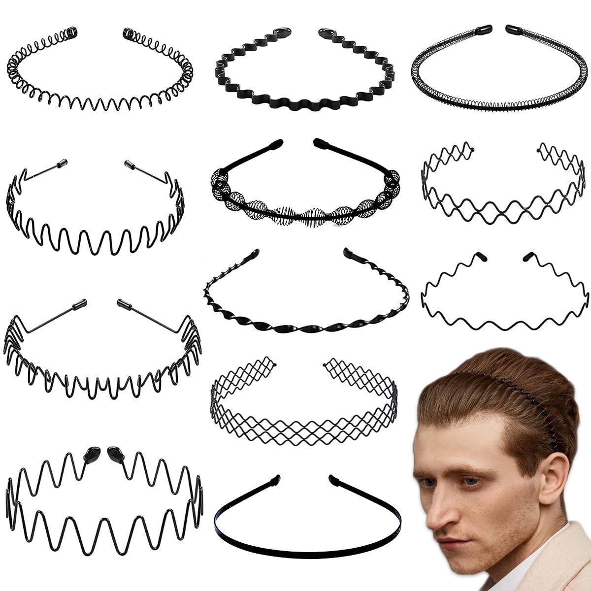 BOYIVI 12 Pieces Metal Headband for Men Adjustable Wavy Black Hair Band Non-slip Hair Hoop Unisex for Home, Outdoor, Sports and 