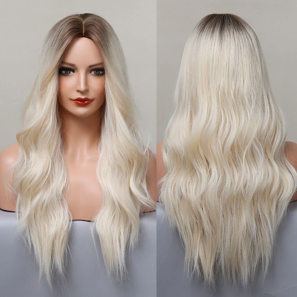 Jooler Blonde Wig, Platinum Blonde Wigs For Women, Long Ombre Blonde Wig With Dark Roots, Heat Resistant Fiber, Adjustable Cap,