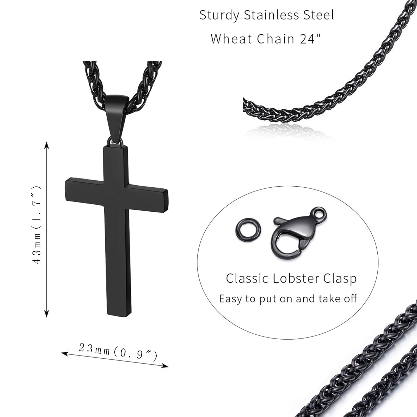 P. BLAKE Black Stainless Steel Cross Necklace for Men, Women Boys Cross Pendant with Chain 18 Inches