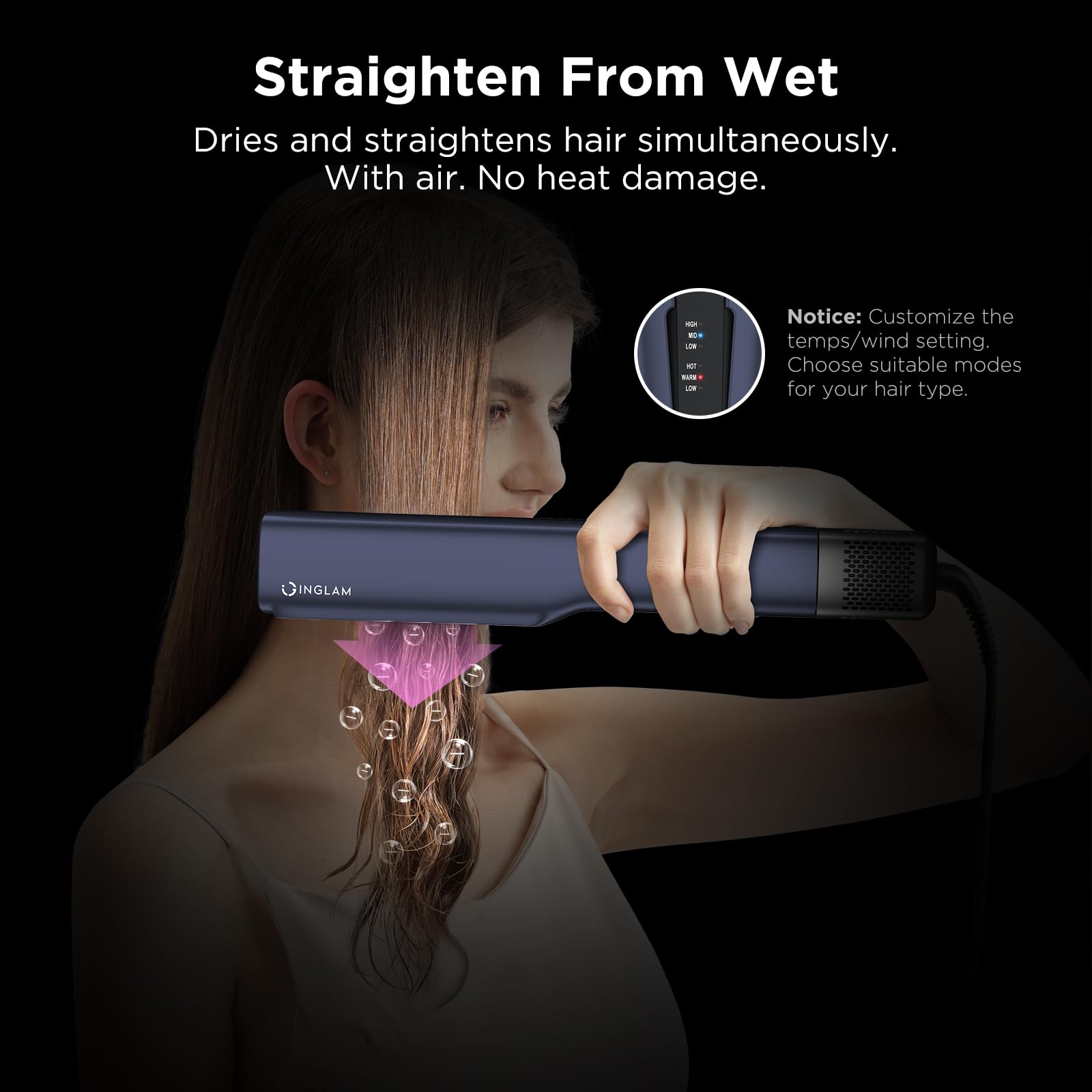 Ig Inglam Air Straightener, Style From Wet Hair, 2.2'' Hair Dryer Straightener, 200M Negative Ionic, One-Step Air Straight For M