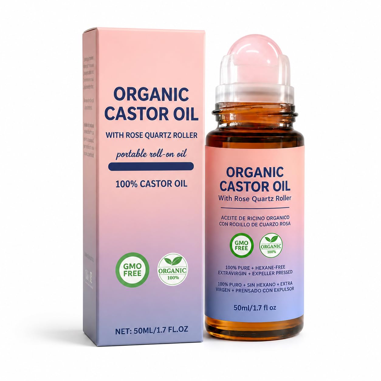 GETPUNA Pure Castor Oil Roll On with Rose Quartz Roller, 1.7 Fl Oz
