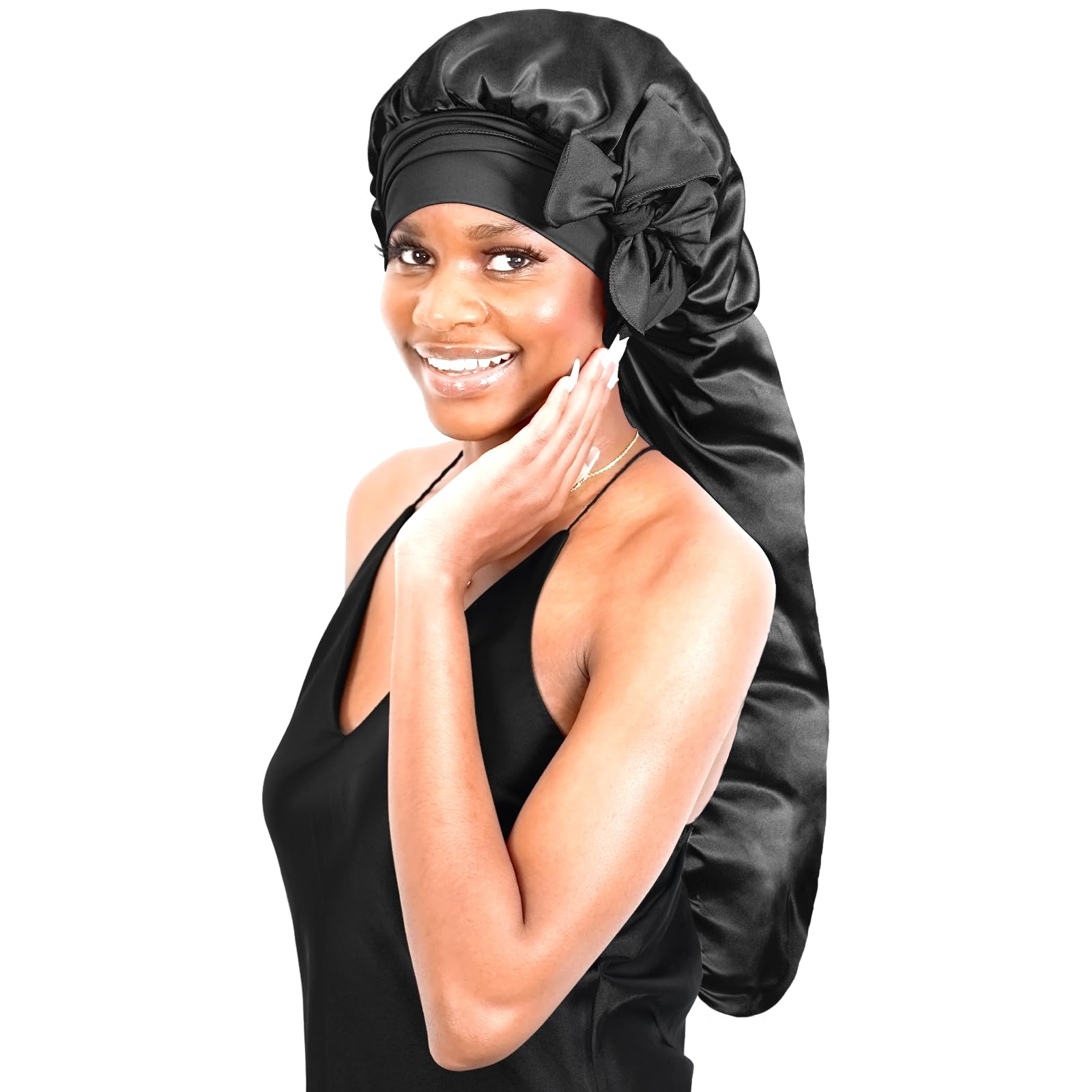 BONNET QUEEN Braid Bonnet Silk Bonnet Foldable Extra Long Bonnet for Braids Satin Bonnet for Sleeping Hair Bonnet with Tie Band 
