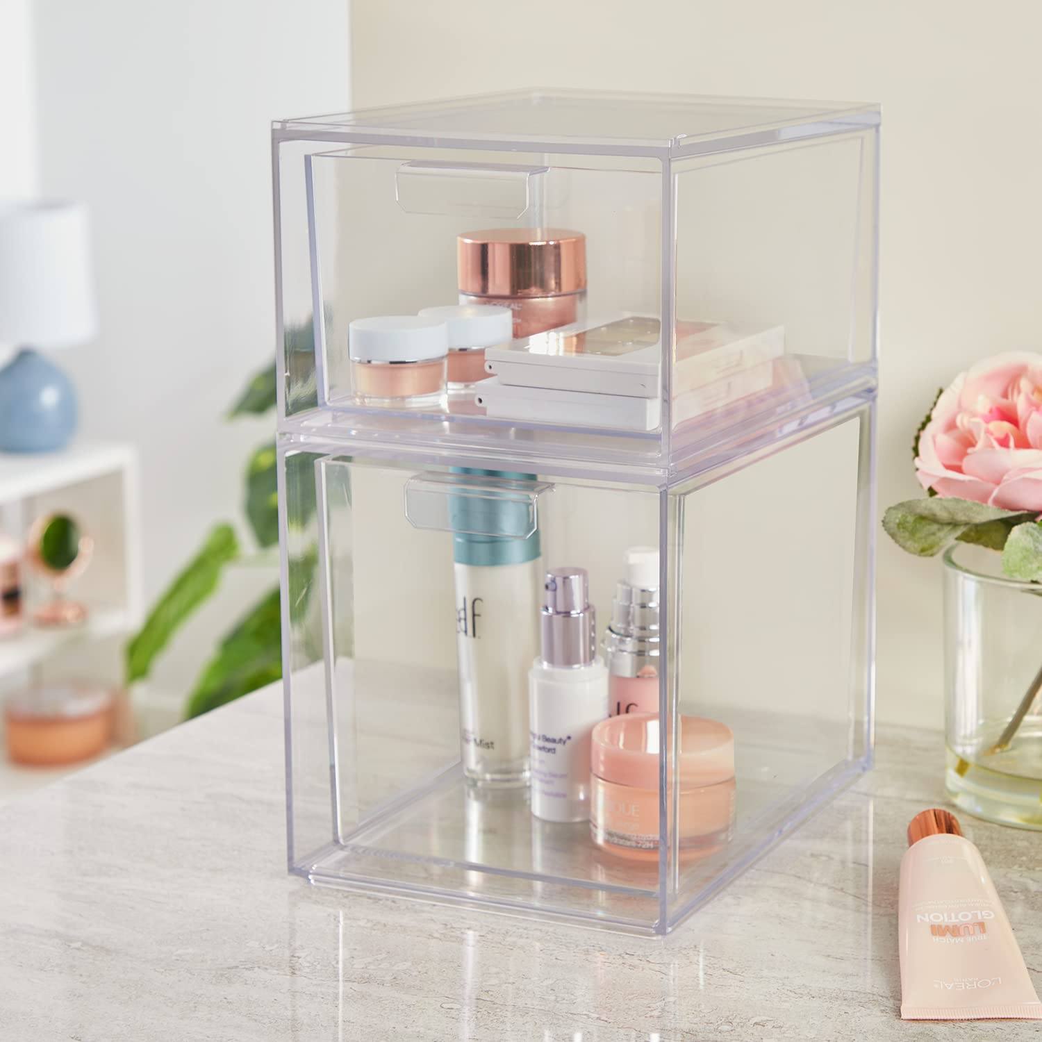 STORi Audrey Stackable Clear Bin Plastic Organizer Drawers  2 Piece Set  Organize Cosmetics and Beauty Supplies on a Vanity  Mad