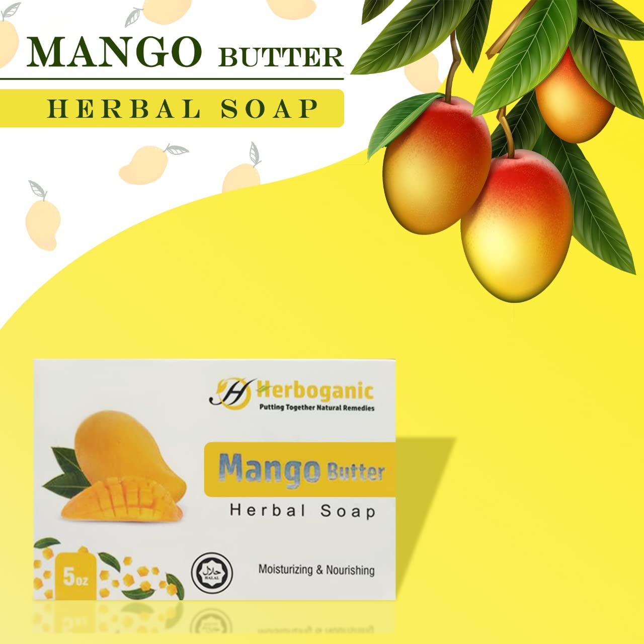 HERBOGANIC Mango Butter Herbal Soap | Pack of 3 of 5oz soap Bar | Natural Bar Soap for Face and Body | Hydrating and Nourishing
