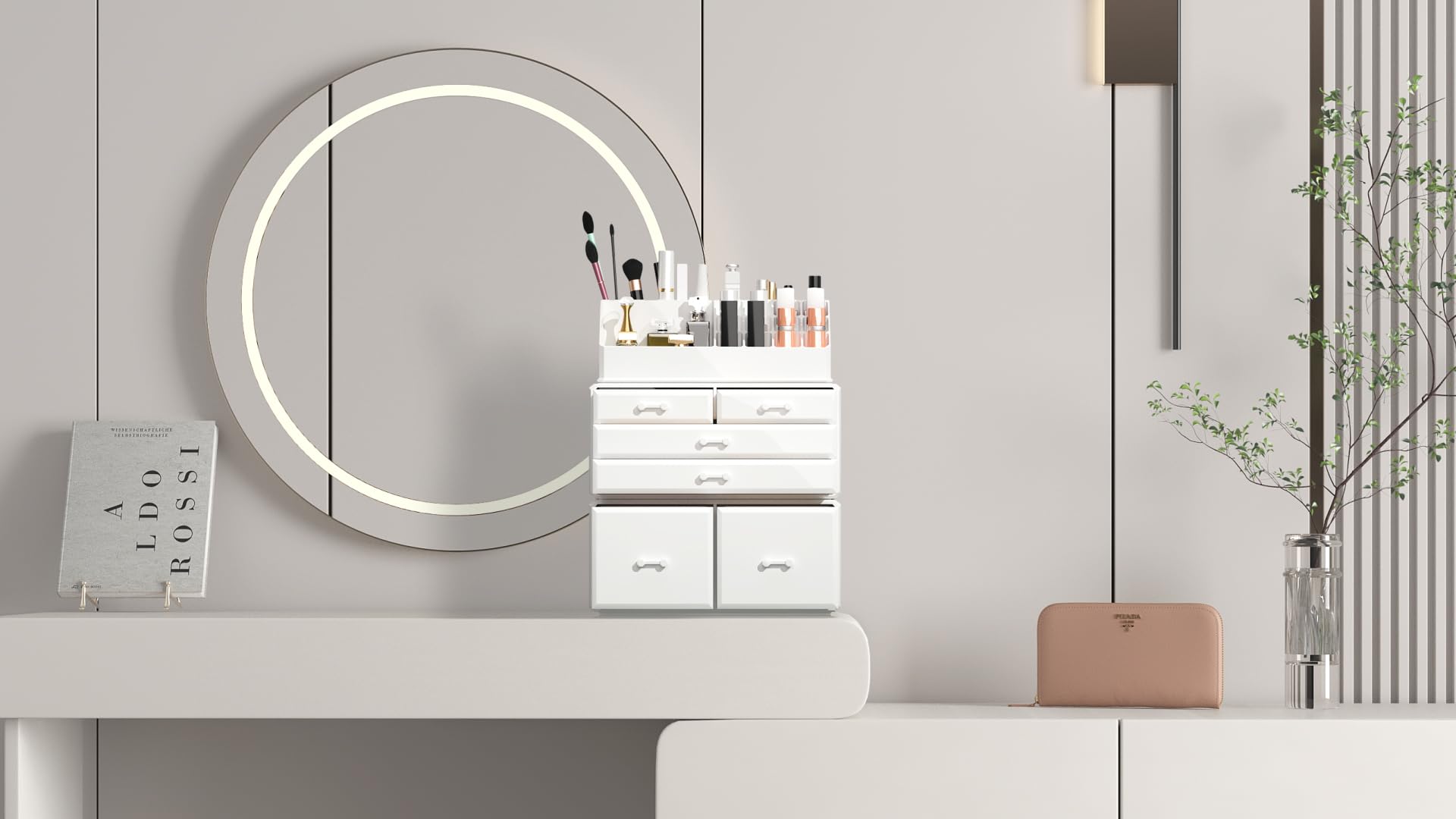 READAEER Makeup Organizer - 3-Piece Cosmetic Storage Case with 6 Drawers, Plastic, White, Model 6D/TRP
