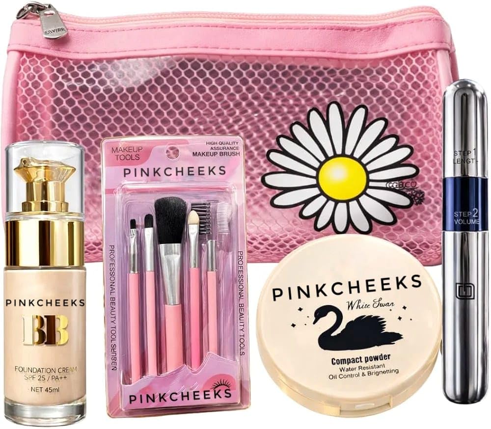 4In1 Everyday Makeup Combo Kit  Bb Cream, Makeup Brush Set, Mascara & Compact Powder With TravelFriendly Makeup Bag | Comple