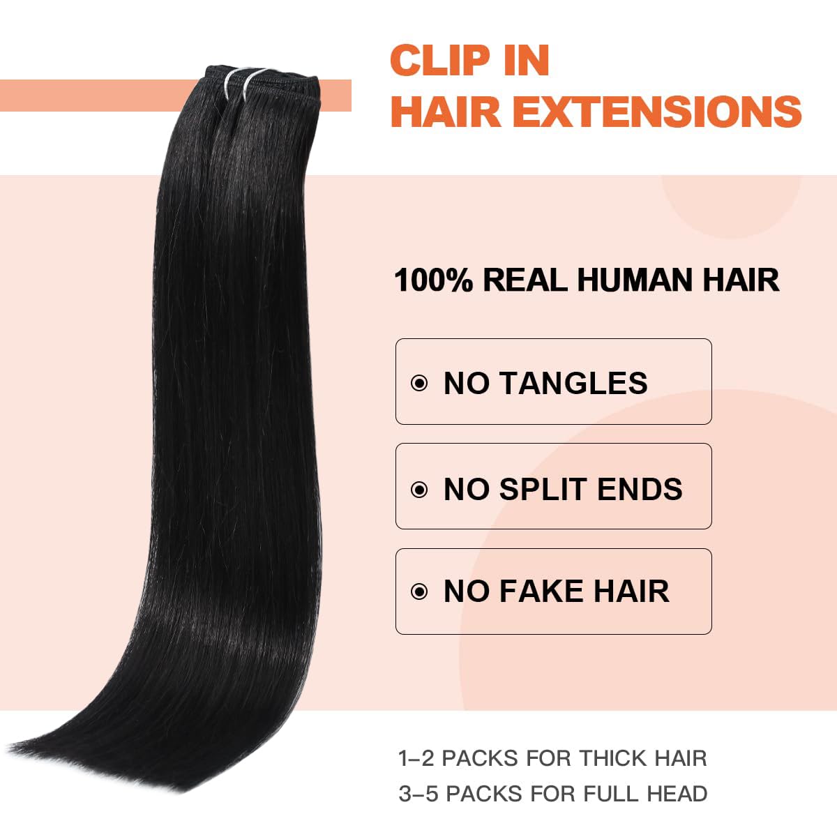 Ugotrays Black Hair Extensions Clip In Real Human Hair 70G 15 Inches 100% Remy Human Hair Natural Black Straight Double Weft For