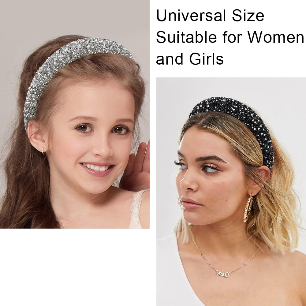 Ahoney 2 Pack Rhinestone Headband Women Girls Thick Padded Headband, Sequin Beaded Pearls Head Band Glitter Cute Headband Birthd