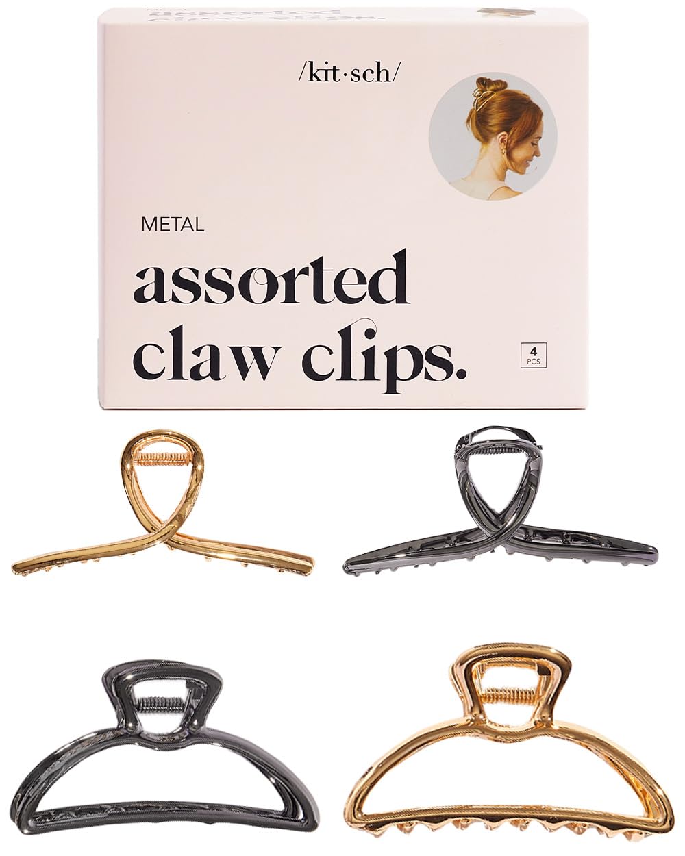 Kitsch Metal Hair Claw Clips Set | Assorted Hair Accessories In Gold & Hematite | Durable Clips For Women | Elegant Hair Claws F