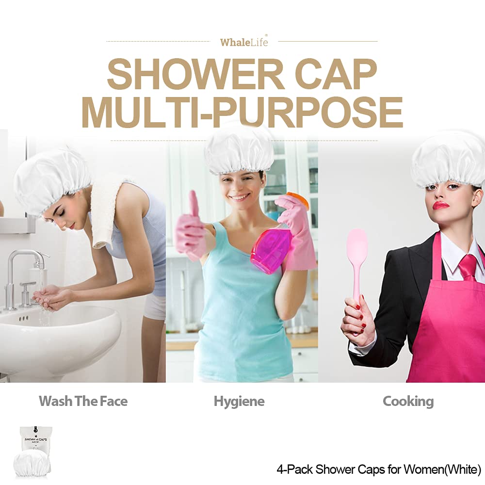 Shower Cap For Women Reusable Extra Large Shower Cap For Men (White 4 Pack Large) Satin Double Layer Eva Waterproof Long Hair Ca