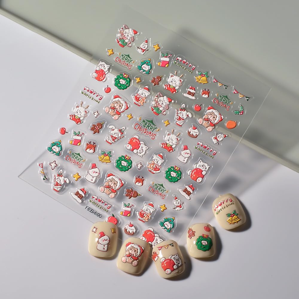 Christmas Nail Art Stickers 5D Embossed Snowman Nail Stickers Self-Adhesive Snowflake Santa Claus Christmas Wreath Nail Decals F