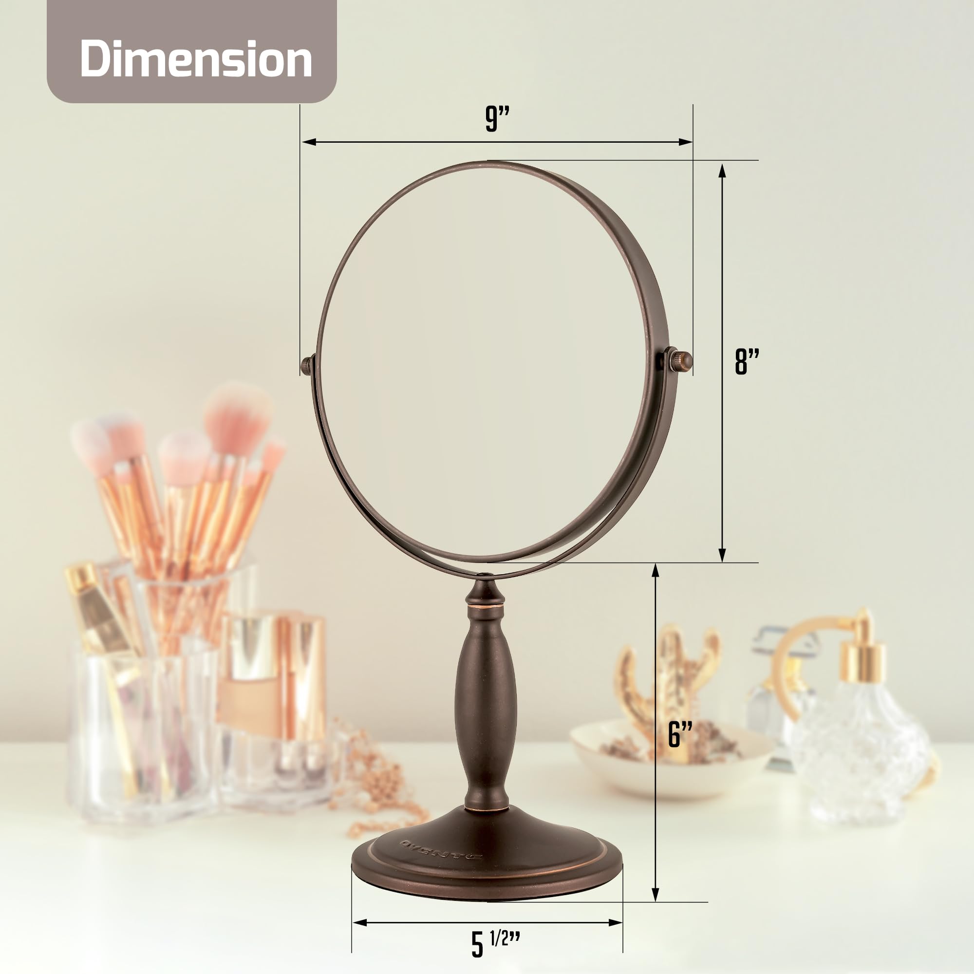 Ovente 8'' Tabletop Makeup Mirror, 1X & 7X Magnification, Adjustable Spinning Double Sided Round Magnifier, Modern D?Or For Offi