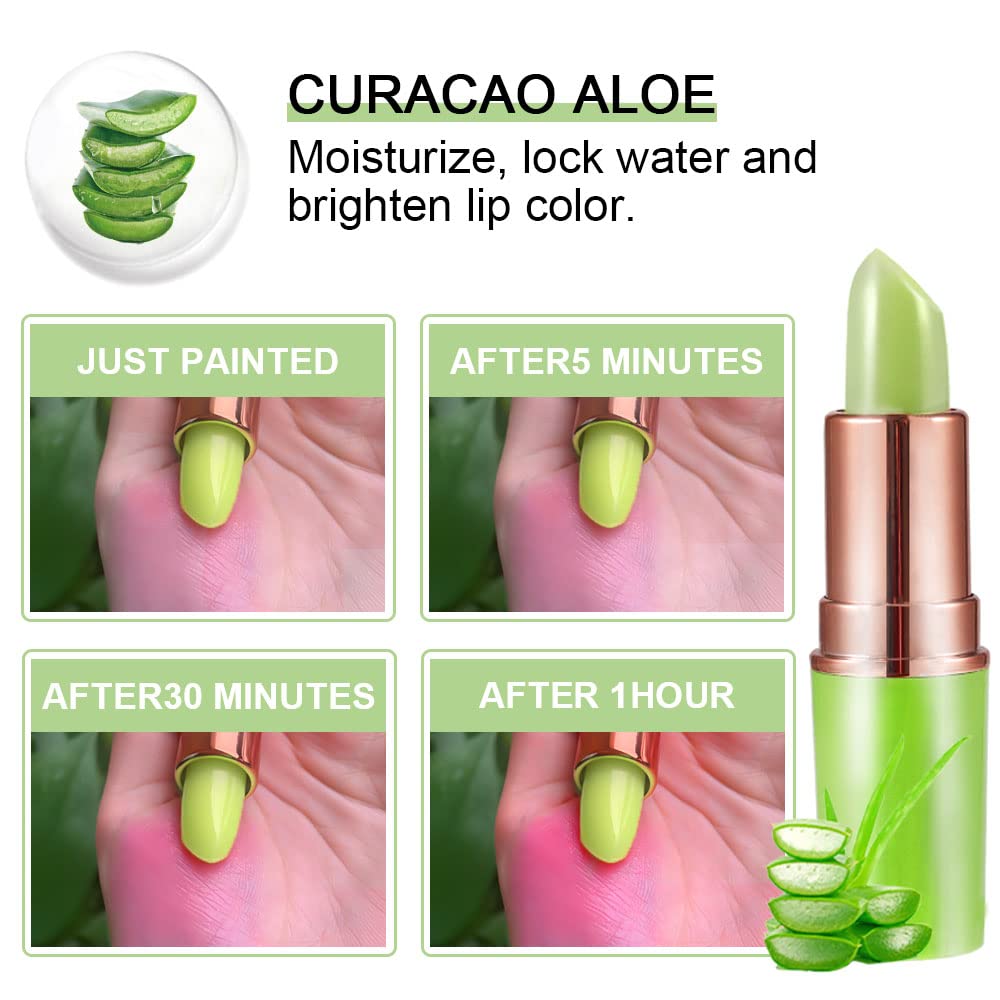 Evpct 2Pcs Aloe Vera Lip Color Changing Lipstick Tinted Lip Balm Set Green Magic Ph Lipstick Color Change Changing Crystal Flowe
