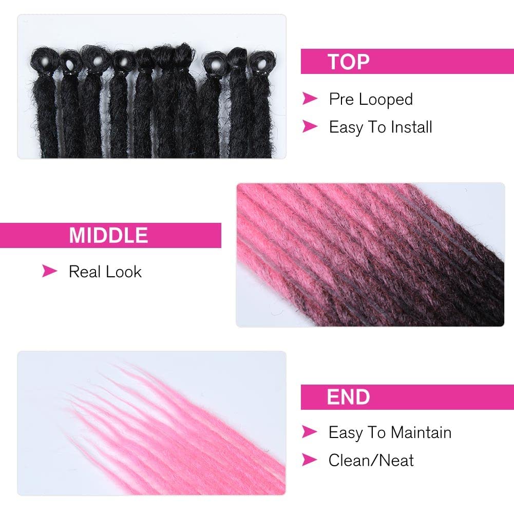 Kraler 24'' Thick Dreadlock Extensions, 20 Strands 1cm Width SE Ombre Pink Crochet Dreadls Extensions of Synthetic Hair Hip Hop