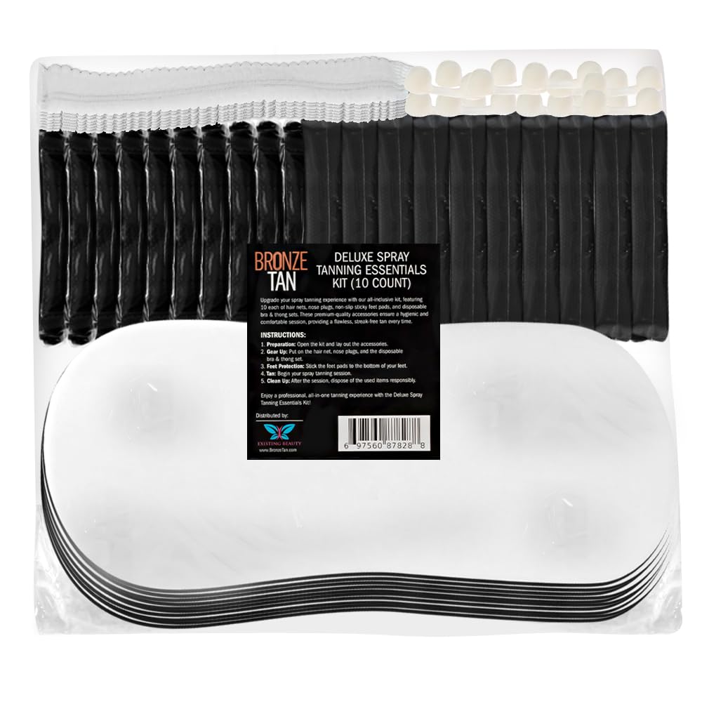 Bronze Tan Spray Tanning Essentials Kit: 10 Each Hair Nets, Nose Plugs, Sticky Spray Tan Feet Pads & Disposable Undergarments - 