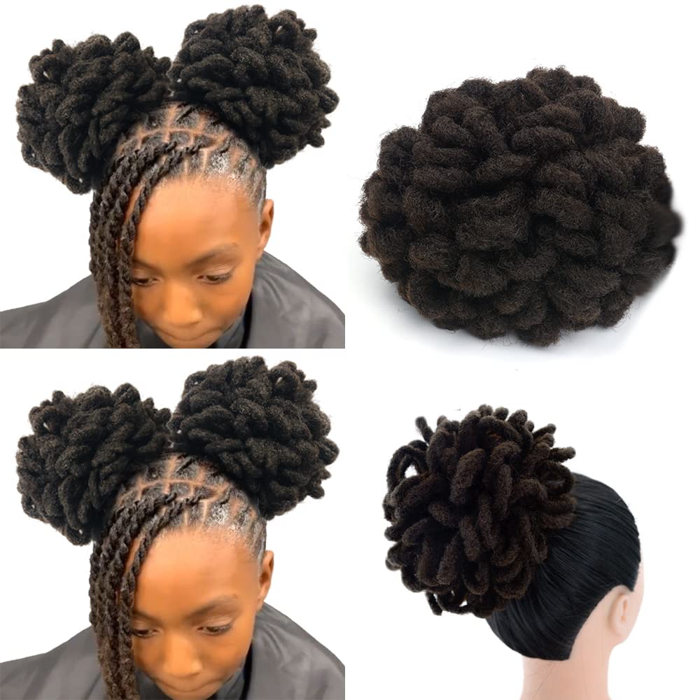 Yinmei Baibian 2Pcs Dreadlocks Bun Drawstring Ponytail Hair Afro Locs Petal Buns Synthetic Nature Color Clip in on Braided Faux 