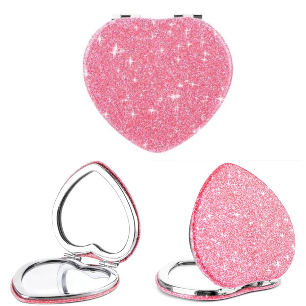 Mpowtech Cute Heart Shaped Compact Mirror For Women,Magnifying Travel Mirror With Glitter,Pink Small Pocket Mirror,Portable 2 X