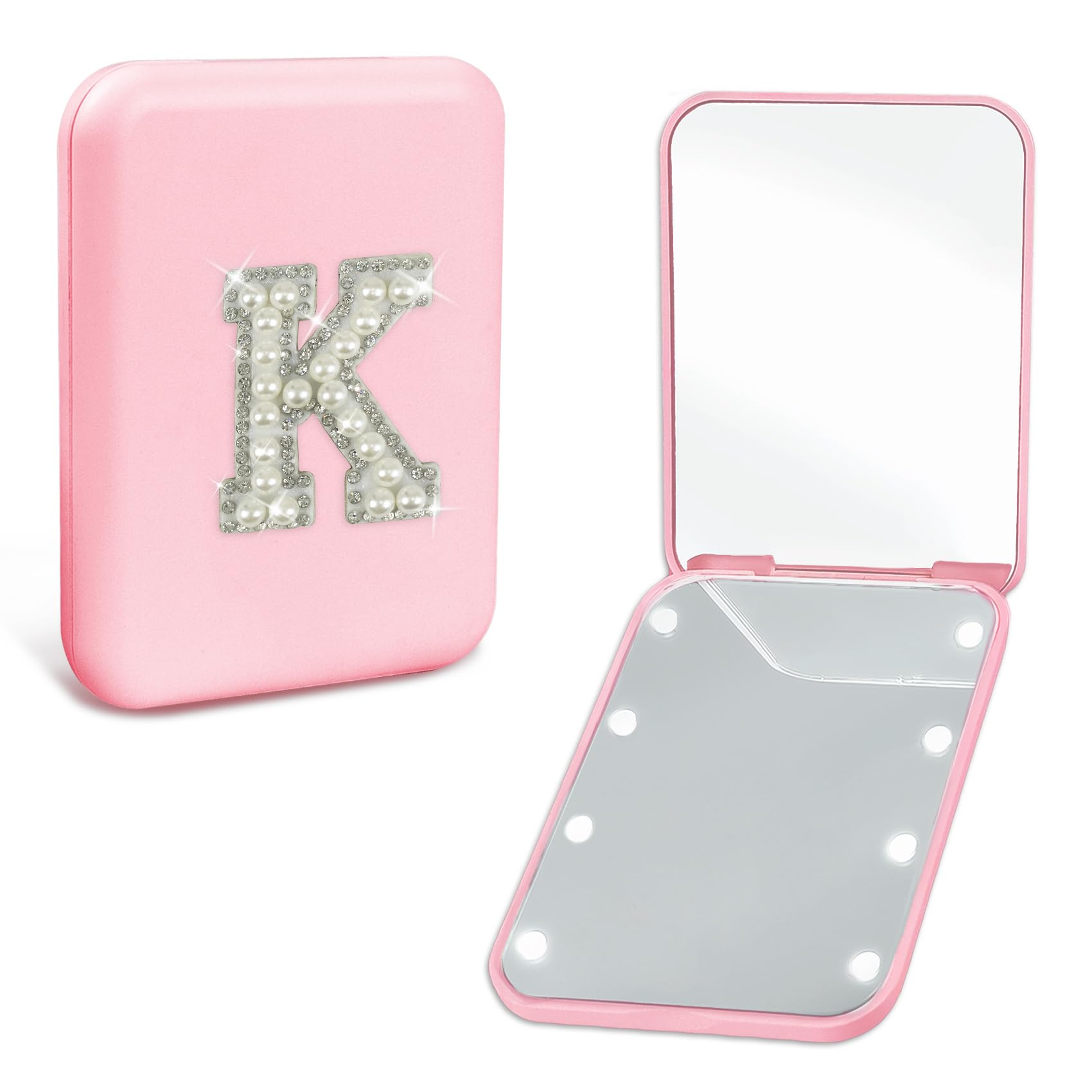 Aganmi Bridesmaid Gifts For Wedding Day Pearl Initial Travel Makeup Pocket Mirror With Lights Pink 1X/2X Magnification Led Cute