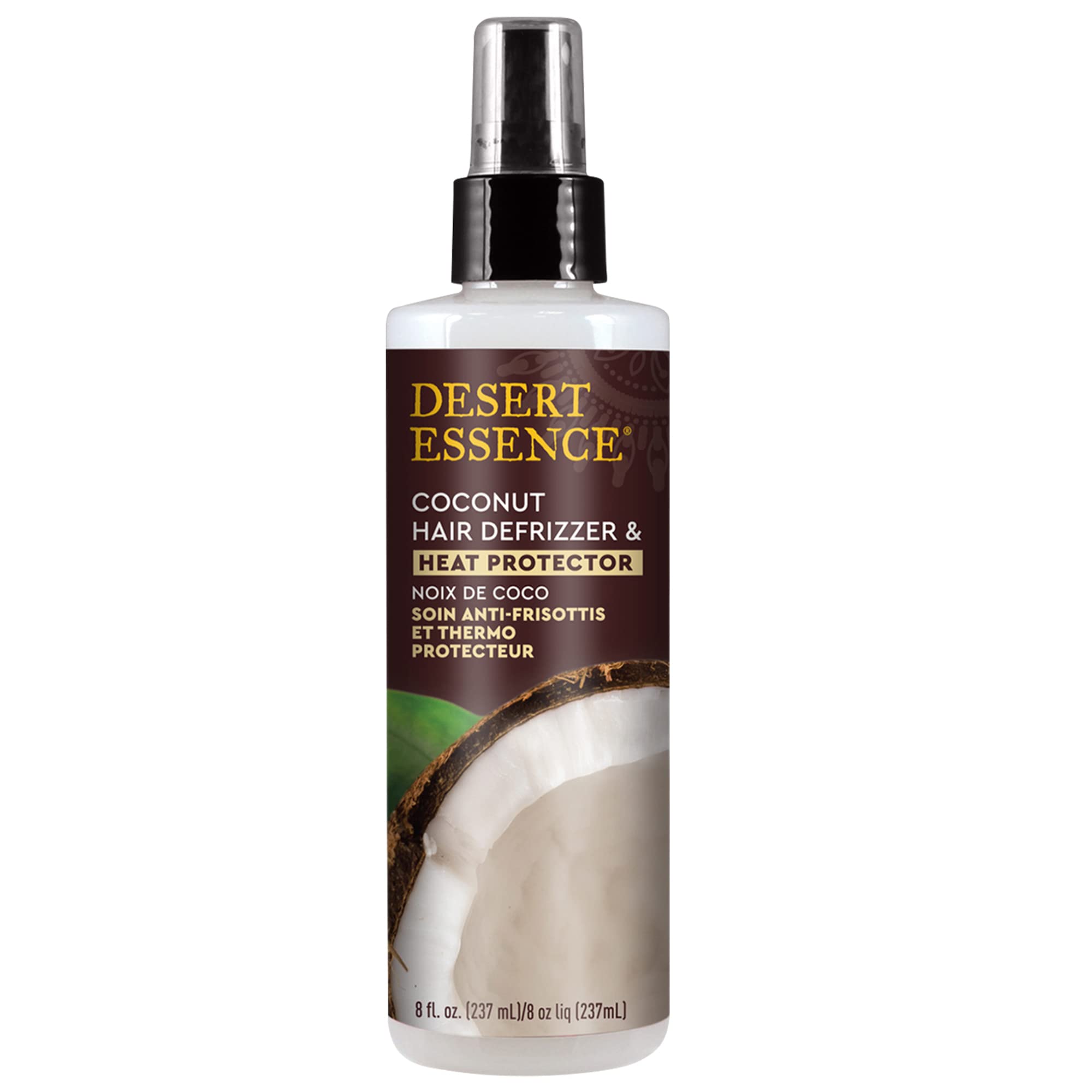 Desert Essence Coconut Hair Defrizzer & Heat Protector 8 Fl Oz - Gluten Free, Vegan, Cruelty Free - Coconut Oil & Jojoba Seed Ex