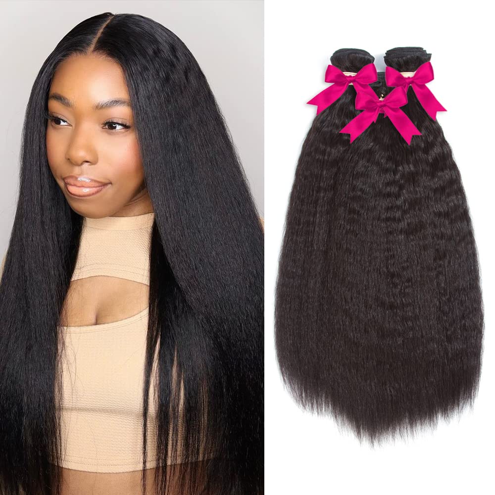 Kinky Straight Human Hair Bundles, Kerriana 26 28 30 Inch Bundles Human hair Natural Color 3pcs Long Yaki Straight For Black Wom
