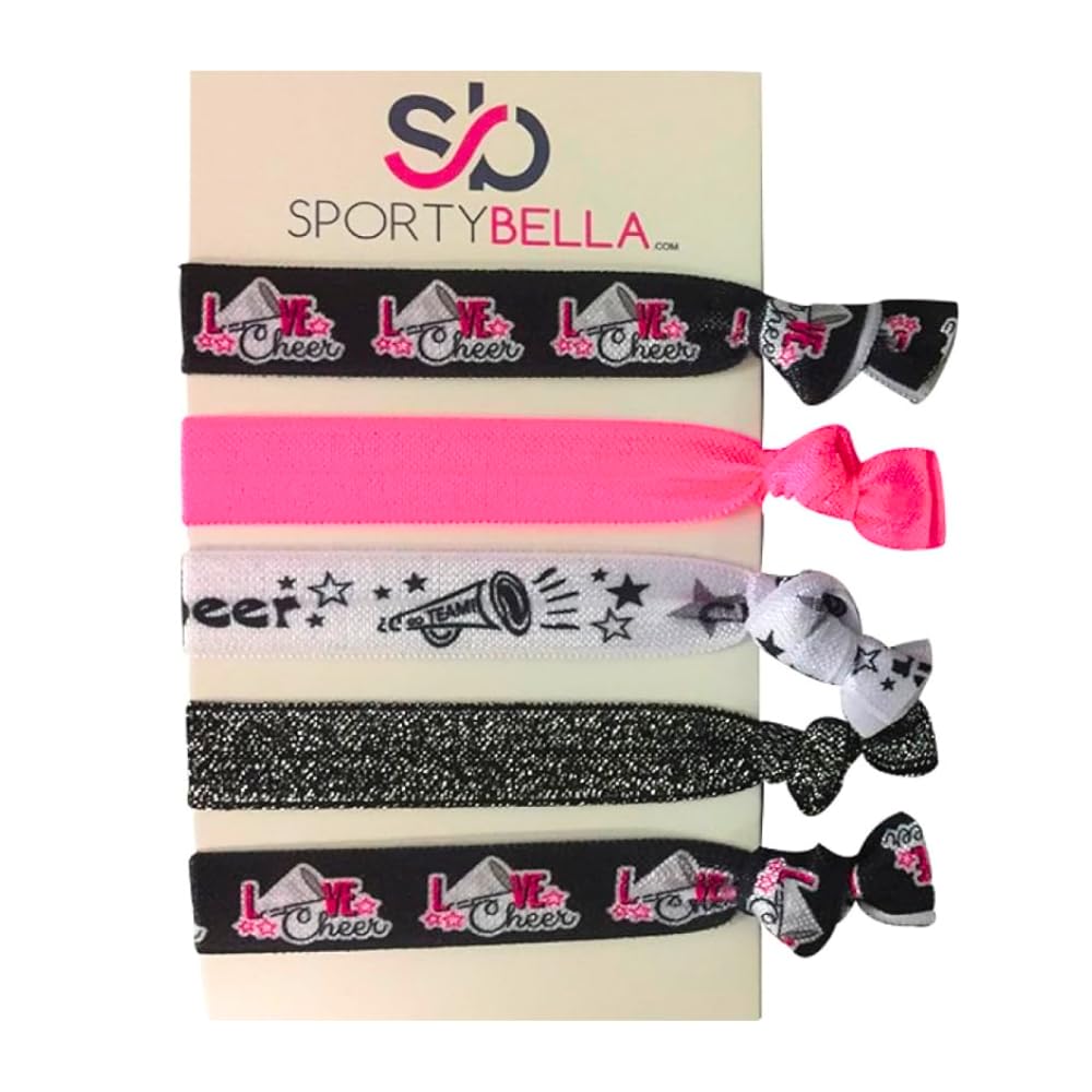 Sportybella Cheer Hair Ties (Pink)- Hair Accessories For Girls, Women, Teens & Kids. No Crease, No Tug Elastic Hair Ties Set. Po